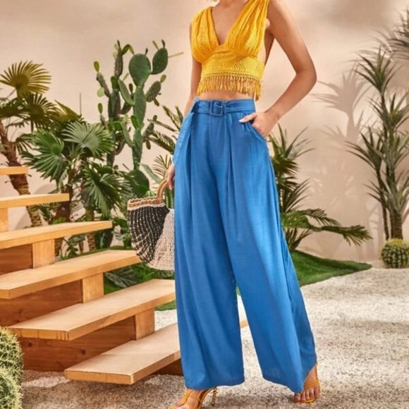 Blue wide legged belted pants SS 22 - Picture 2 of 6